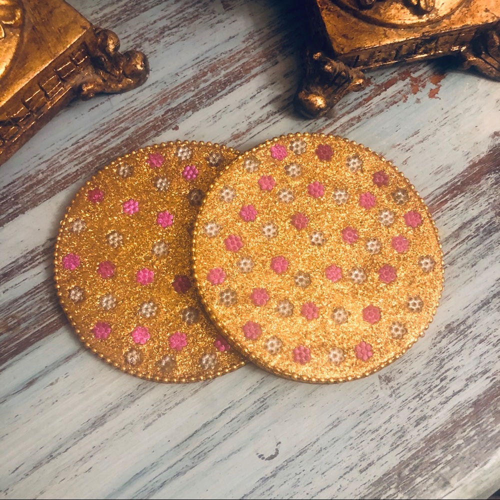 Set of 2 Glitter and Jewel Coasters Pink & Gold